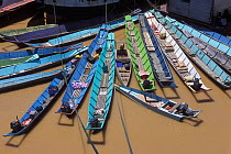 Dayak long boats on river, Bintulu, Borneo, Sarawak, Malaysia