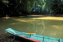 Dayak long boat on river, Central Borneo, Sarawak, Malaysia