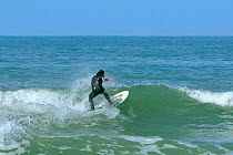 Surfer rides a breaking wave, Polzeath, Cornwall, UK, April 2010.