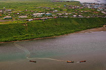 Aerial view of fishing boats laying nets to catch salmon, Lake Kuril, Kamchatka, Far East Russia, July  2006