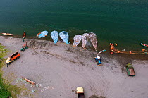 Aerial view of fishing boats and fishing nets with salmon catch, Lake Kuril, Kamchatka, Far East Russia, July  2006