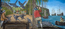 Illustration of Thirioux's grey parrot (Psittacula bensoni) - extinct 1764 - at a harbour on Mauritius,c1602. The woodcut on which this reconstruction is based constitutes the only known image of Thir...