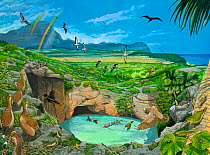 Illustration of view of Makauwahi Sinkhole from the southwest side as it might have appeared 3000 years ago,prior to human arrival. On left side,a flock of turtle-jawed moa-nalo (Chelychelynechen quas...