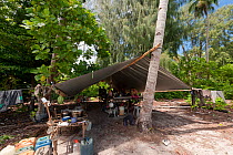 Shark fishermen rest under a tarpaulin shelter attached to a beachside palm tree. Daram Island, Indonesia, January 2010