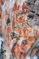 Ancient pictographs (rock / cave paintings) of fish and sea creatures on karst limestone formations. Sunmalelen area, Raja Ampat, West Papua, Indonesia, January 2010.
