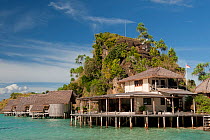 Bungalows and dive deck at Misool Eco Resort. Misool, Raja Ampat, West Papua, Indonesia, January 2010.