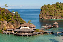 View of Misool Eco Resort and out to sea from the hill. Misool, Raja Ampat, West Papua, Indonesia, January 2010.