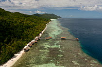 Aerial of Kri Island showing Kri Eco Resort. Raja Ampat, West Papua, Indonesia, February 2010