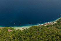 Aerial of Raja Ampat's islands, sand cays and lagoons. A pearl farm operates in these waters, February 2010