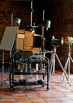 Equipment used by Stephen Dalton for insect flight photography, showing flight tunnel, boxes of electronics and camera. This set-up was designed in the early 1970s and is still used today. UK.