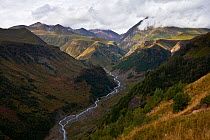 The Dargvi Gorge seen from Gudauri on the Georgian Military Highway. Greater Caucasus, Georgia, September.