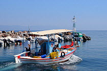 Small traditional fishing boat heading out to sea from Skala Sikaminia harbour. Lesbos / Lesvos, Greece, August 2010