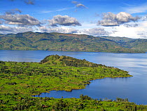View of lake below Virunga Volcanoes NP, Rwanda, Africa, April 2010.