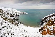 A snow-bound bay. The heaviest snowfall on Sark in living memory. Channel Islands, UK, December 2010.
