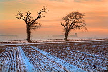 Snow on stubble field at dusk with Southrepps Church in the background, North Norfolk, UK, Winter