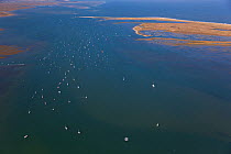 Aerial view of boats and Blakeney Point, Norfolk, UK, September