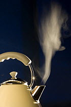 Kettle giving off steam, often kettles are filled too full and more water is boiled than used, wasting power. UK