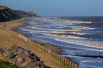 Sea defences along the beach at Walcott, Norfolk, UK, Winter