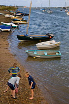 Boys playing on beach, crabbing, Wells Harbour, North Norfolk, UK, August
