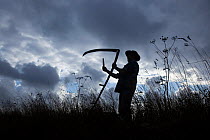 Silhouette of Farmworker with scythe, Norfolk, UK