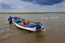 Fisherman wades out pulling boat into deep water at low tide, Blakeney Point, Norfolk, UK