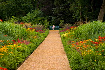 Woman sitting on garden bench at end of path between flower borders, Norfolk, UK