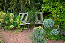 Quiet corner of a walled garden with two seats, East Rushton, Norfolk, UK