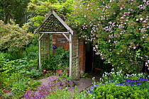 Trellis feature in corner of natural flower garden, Norfolk, UK