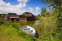 Boat sheds and rowing boat on Hickling Broad, Norfolk, UK, May