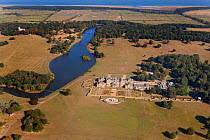 Aerial view of Holkham House, Park, Lake and farmland, Norfolk, UK, September