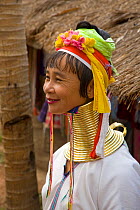 Kayan woman wearing brass coils around her neck to lower the cavicle and make the neck look longer, Thailand 2009