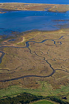 Aerial view of Blakeney Point in the background and the creeks and saltmarshes of Morston Marsh in the foreground, Norfolk, UK, October