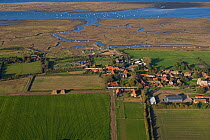 Aerial view of Morston Village with Blakeney Point in the background, Norfolk, UK, October