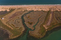 Aerial view of old Coastguard Station, beach and saltmarshes on Blakeney Point, Norfolk, UK, September