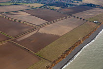 Aerial view of tractor ploughing in large arable fields near the coast, Weybourne, Norfolk, UK, March
