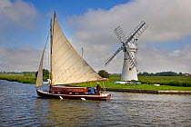 Sailing boat passing windmill at Thurne, Norfolk Broads, UK, June