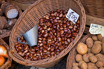 Sweet chestnuts (Castanea sativa) for sale in market stall, Madeira, November