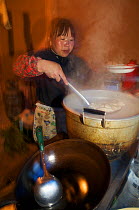Chinese woman cooking dumplings in mountain village of Zhouzhi Nature Reserve, Qinling Mountains, Shaanxi, China, April 2006