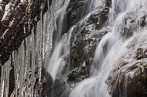 Icicles at a waterfall in Zhouzhi Nature Reserve, Qinling Mountains, Shaanxi, China