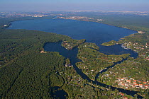 Aerial view of Lake Myggelsee, viewed from the Southeast with river Spree, Bauersee and nature reserve 'Die Bsnke', Berlin, Germany. September 2006