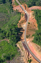 Aerial view of road construction through a primary forest. French Guyana, August 2008.