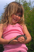 Young girl with her pet Degu (Octodon degus). Chile, September. Model released