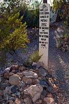 Memorial to man who was wrongly hanged, Boothill graveyard. Tombstone, Arizona, USA, August.