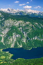 Overview of the north end of Lake Bohinj from 1535m at the top of the Vogel cable car lift, with 2864m Mount Triglav, the highest peak in the Julian Alps, in the background, Triglav National Park, Slo...