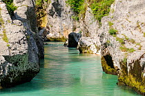 Soca river flowing through karst limestone rocks at Velika Korita gorge, Julian Alps, Triglav National Park, Slovenia, July 2010.