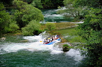 Tourists descending a waterfall on the Mreznica river in an inflatable white water raft, Zvecaj, Karlovacka, Croatia, July.