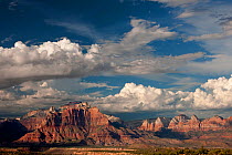 Thunderstorms and clouds form over "West Temple" and "Zion" geological formations. Utah, USA, July.