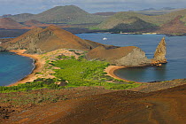 Inlet, beaches and volcanic hills on Bartholomew Island. Galapagos, Ecuador, April 2010.