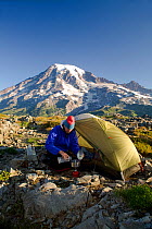 Man with tent at a campsite in the wilderness camping zone of the Tatoosh Range, Mount Rainier National Park, Washington, USA, model released