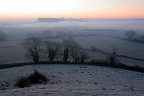 Rural landscape at dusk in winter, farmland near Wells, Somerset, UK. January 2011